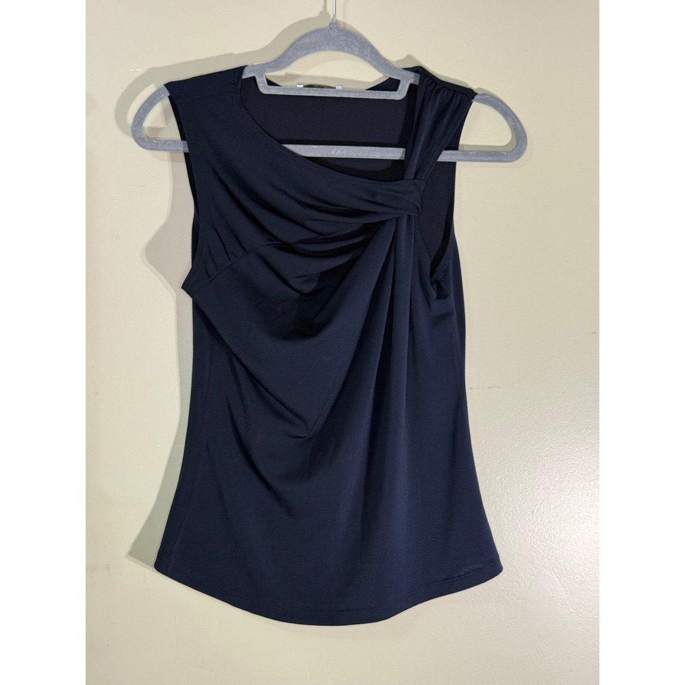 Suzy Shier Navy Blue Twist Shoulder Sleeveless Draped Blouse Top NWT M 10T643